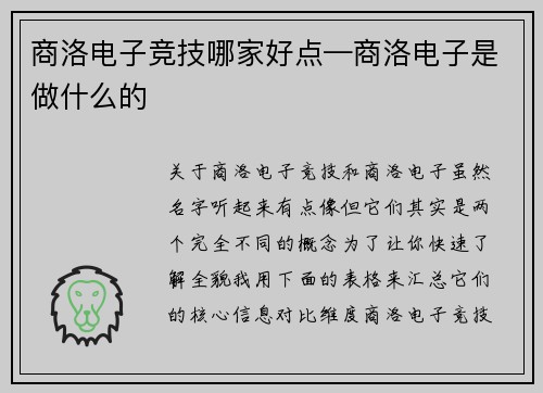 商洛电子竞技哪家好点—商洛电子是做什么的