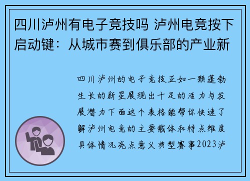 四川泸州有电子竞技吗 泸州电竞按下启动键：从城市赛到俱乐部的产业新篇